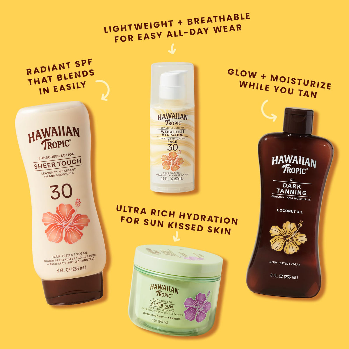 Hawaiian Tropic bottle on beach towel conveying water-resistant protection for outdoors
