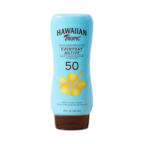 Hawaiian Tropic front packaging showing SPF 50 protection and active formula benefit