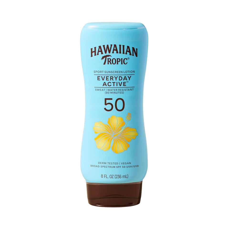 Hawaiian Tropic front packaging showing SPF 50 protection and active formula benefit