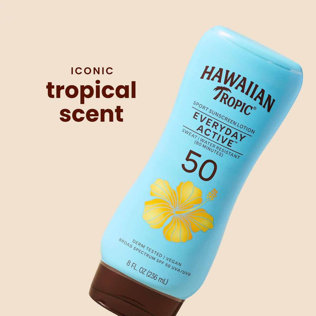 Hawaiian Tropic pump and cap close-up demonstrating easy, mess-free dispensing