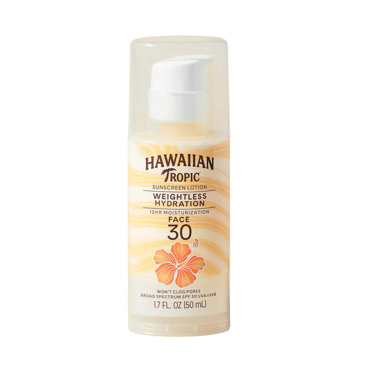 Hawaiian Tropic front bottle view showing SPF 30 travel packaging and easy carry benefit