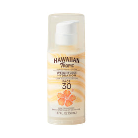 Hawaiian Tropic front bottle view showing SPF 30 travel packaging and easy carry benefit
