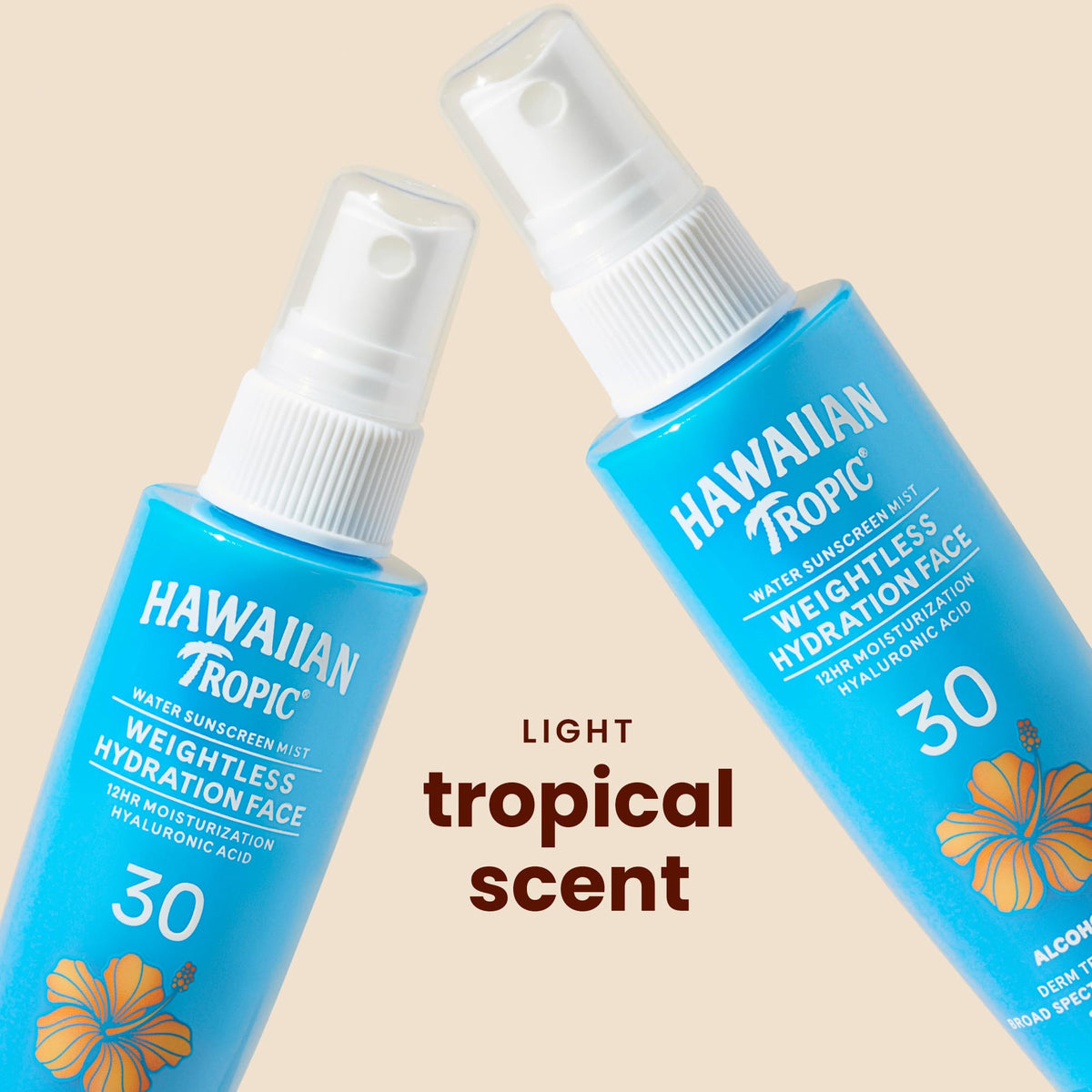 Hawaiian Tropic fine mist spray in action for even, lightweight coverage