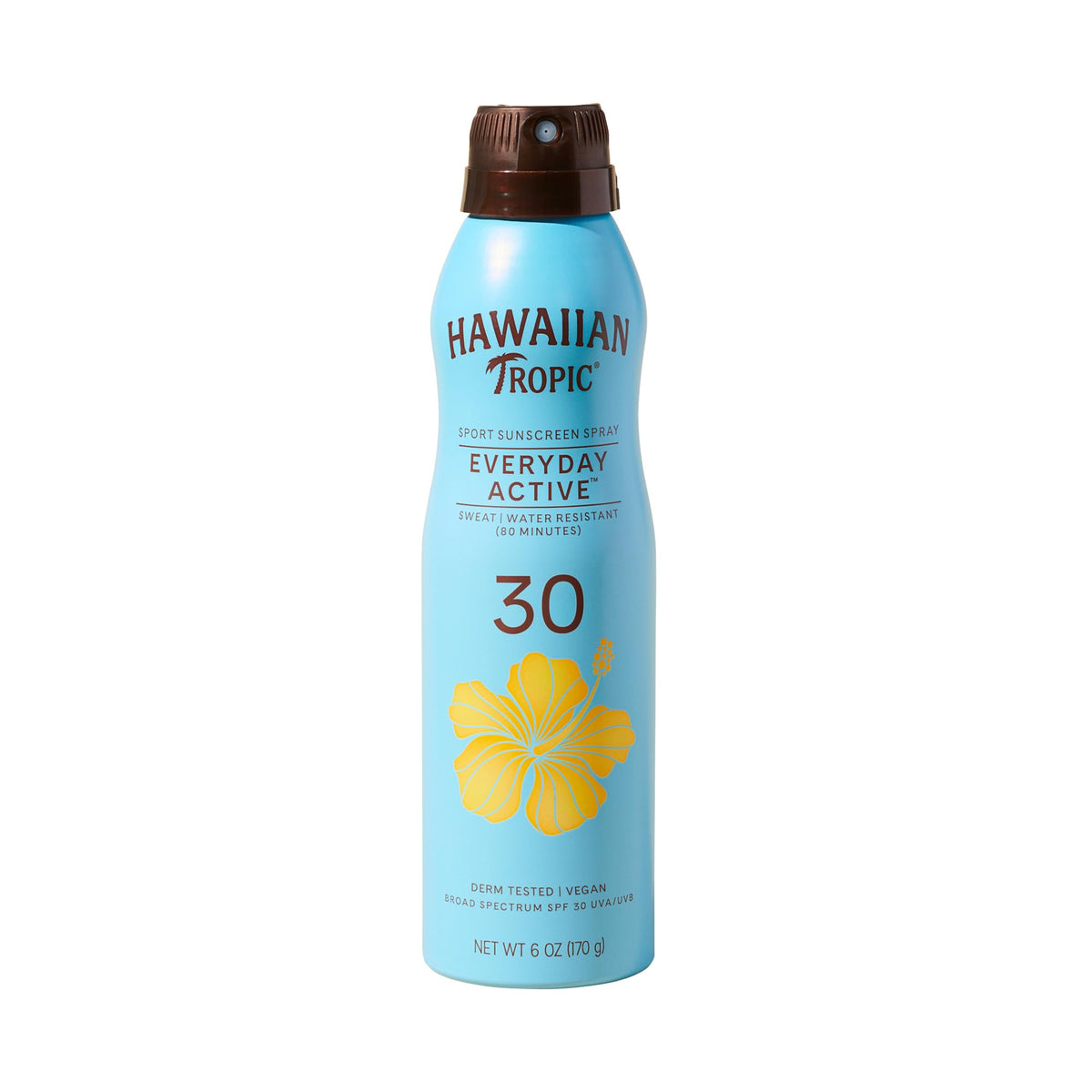 Hawaiian Tropic front packaging displaying clear coconut SPF 30 for active protection