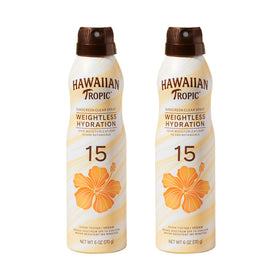 Hawaiian Tropic front packaging showing clear spray and twin pack benefit