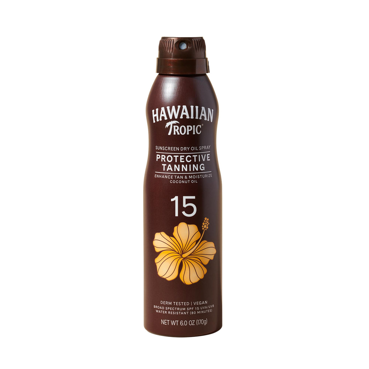 Hawaiian Tropic front packaging showing SPF 15 and dry oil benefits