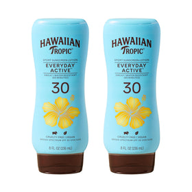 Hawaiian Tropic front packaging showing twin SPF 30 bottles and clear benefit