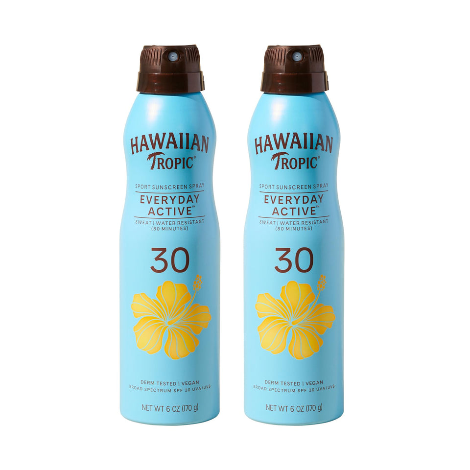 Hawaiian Tropic front packaging shows twin 6oz SPF 30 sprays for quick protection