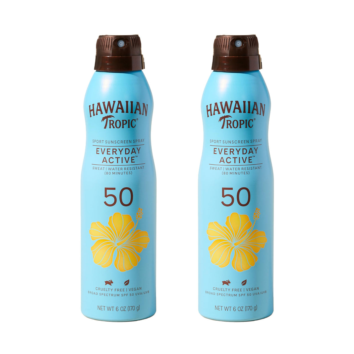 Hawaiian Tropic front packaging showing SPF 50 and twin pack benefit