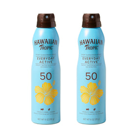 Hawaiian Tropic front packaging showing SPF 50 and twin pack benefit