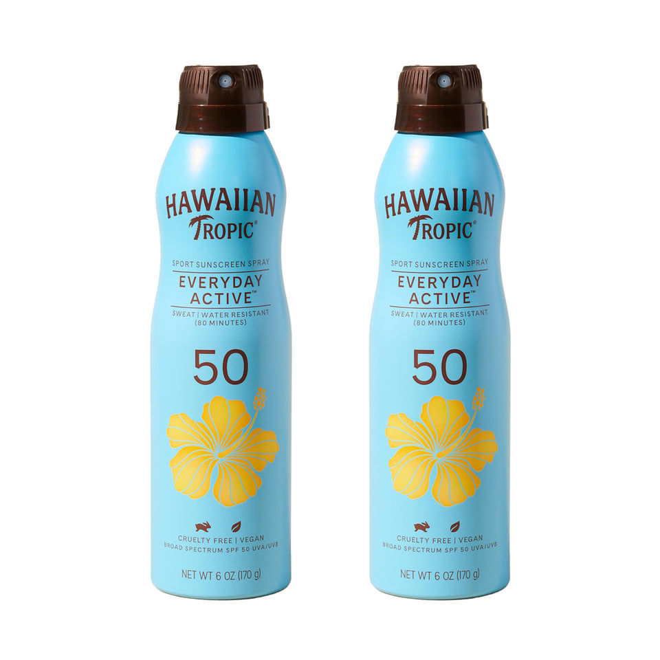 Hawaiian Tropic front packaging showing SPF 50 and twin pack benefit