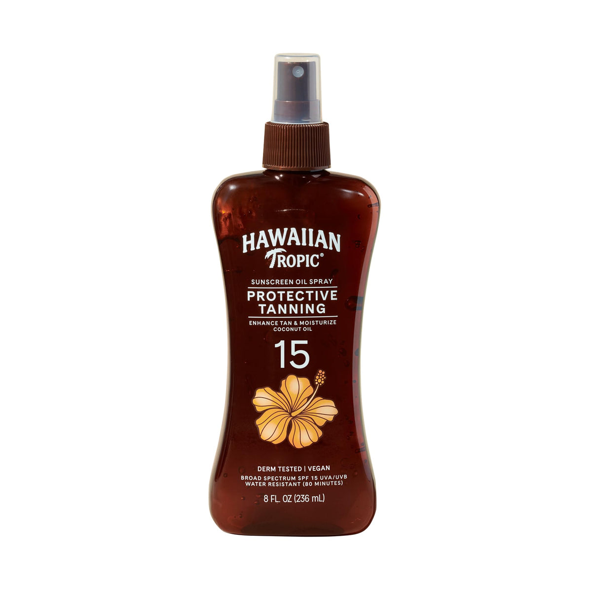 Hawaiian Tropic front packaging spray showing bottle and SPF benefit