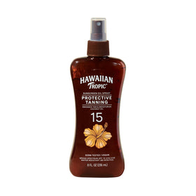 Hawaiian Tropic front packaging spray showing bottle and SPF benefit