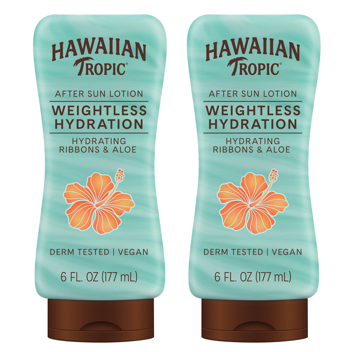 Hawaiian Tropic front packaging twin pack showing product and benefits