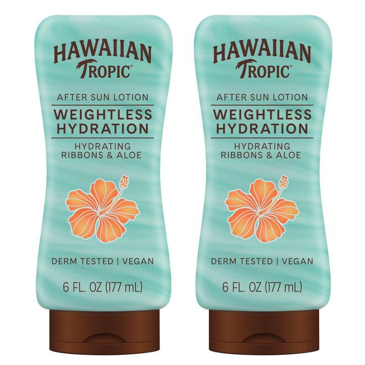 Hawaiian Tropic front packaging twin pack showing product and benefits