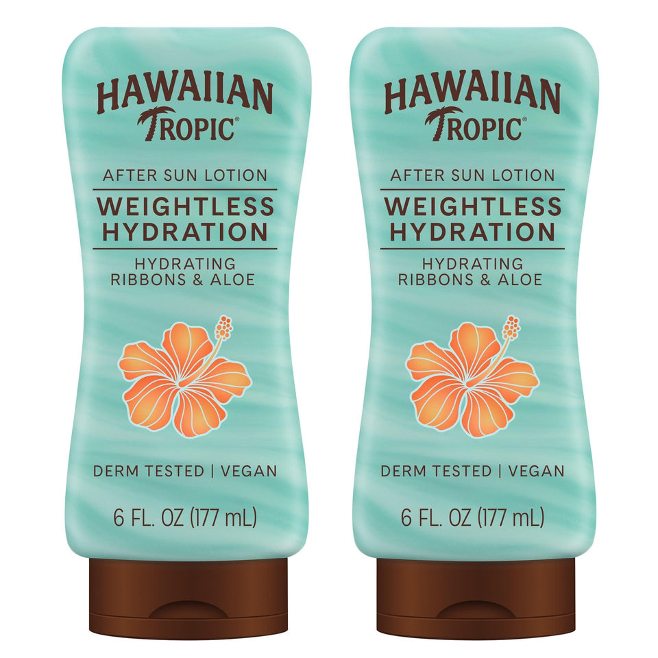 Hawaiian Tropic front packaging twin pack showing product and benefits
