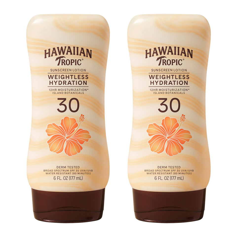Hawaiian Tropic front twin-pack showing SPF 30 protection and hydrating benefits
