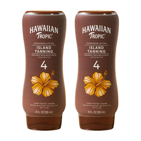 Hawaiian Tropic front packaging twin pack showing product and branding benefit of convenience