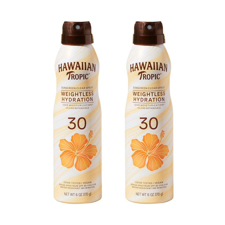 Hawaiian Tropic front packaging showing twin 6 oz bottles and SPF benefit