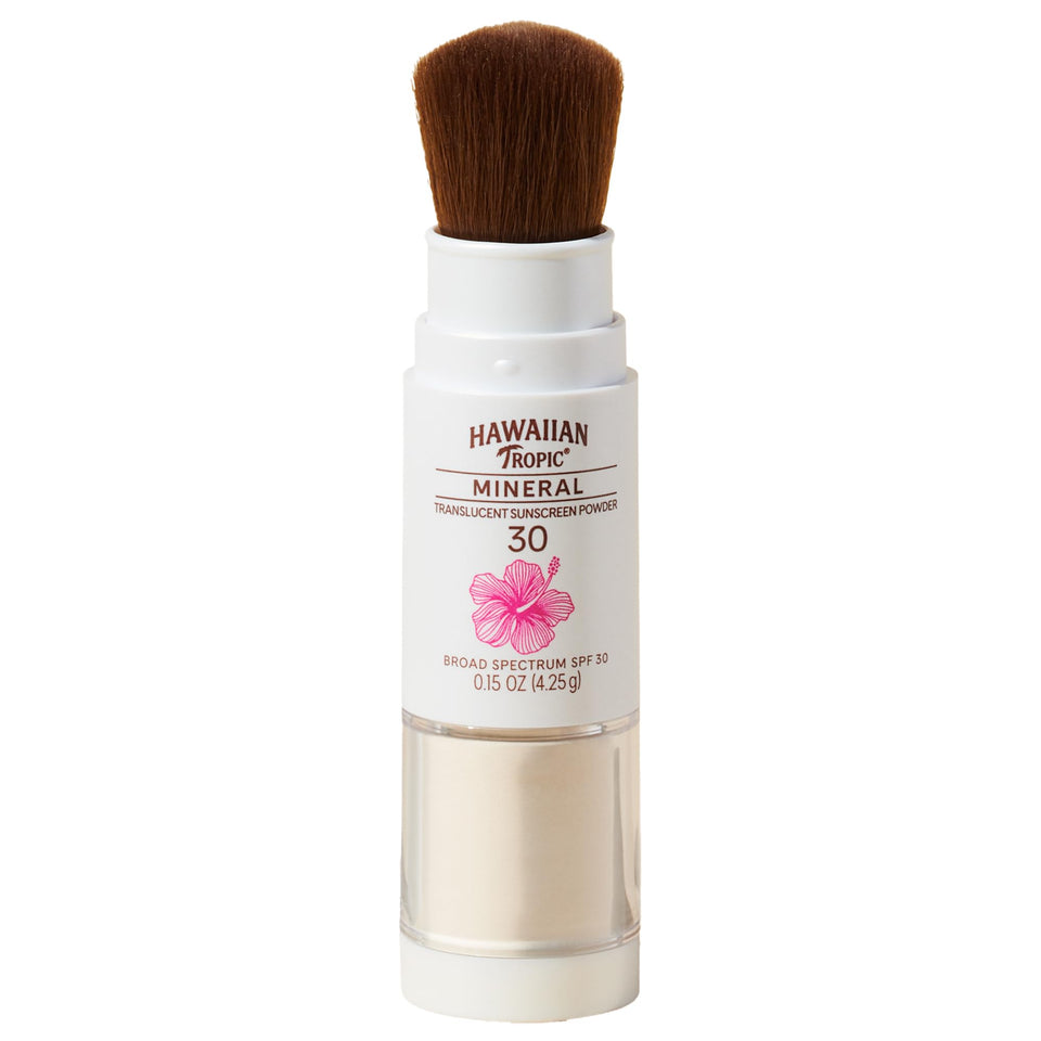 Hawaiian Tropic front packaging showing compact SPF brush and branding benefit quick protection