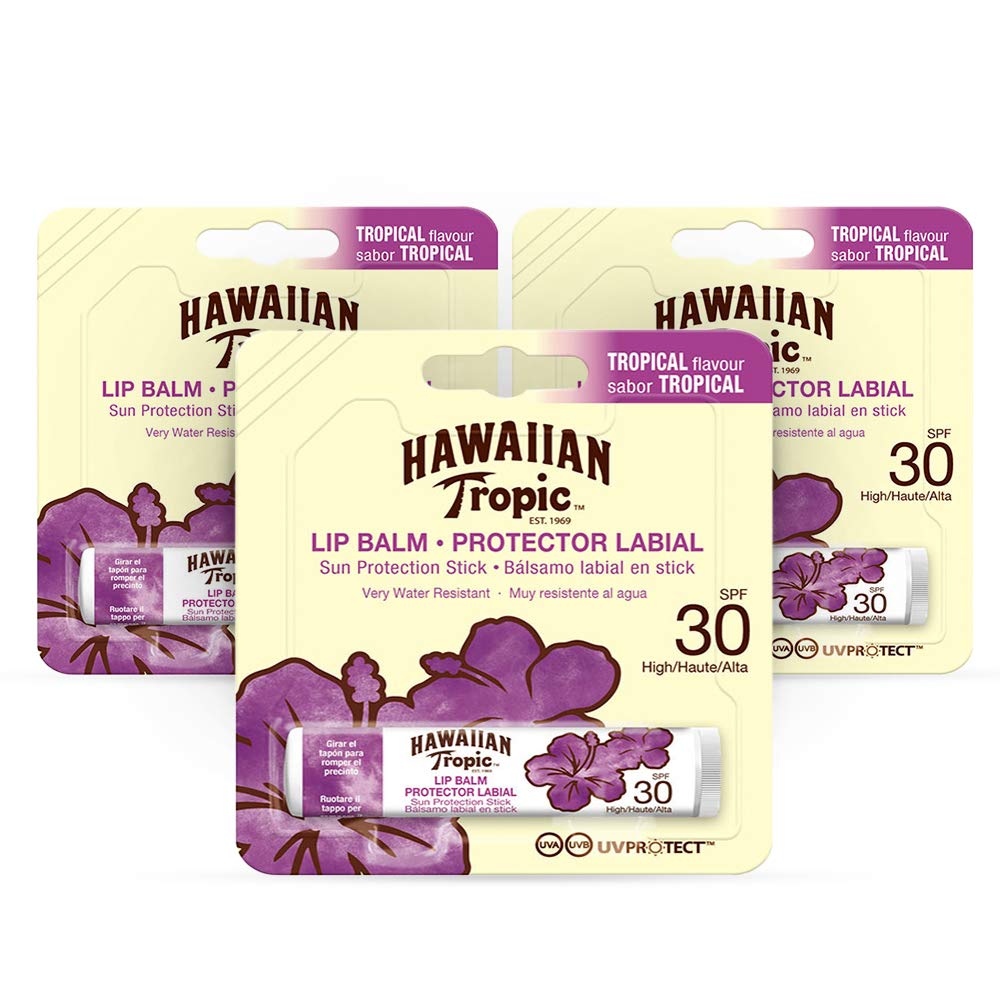 Hawaiian Tropic front packaging showing the three-tube multipack and SPF 30 benefit