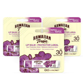 Hawaiian Tropic front packaging showing the three-tube multipack and SPF 30 benefit