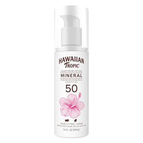 Hawaiian Tropic front packaging showing SPF 50 travel bottle and branding benefits