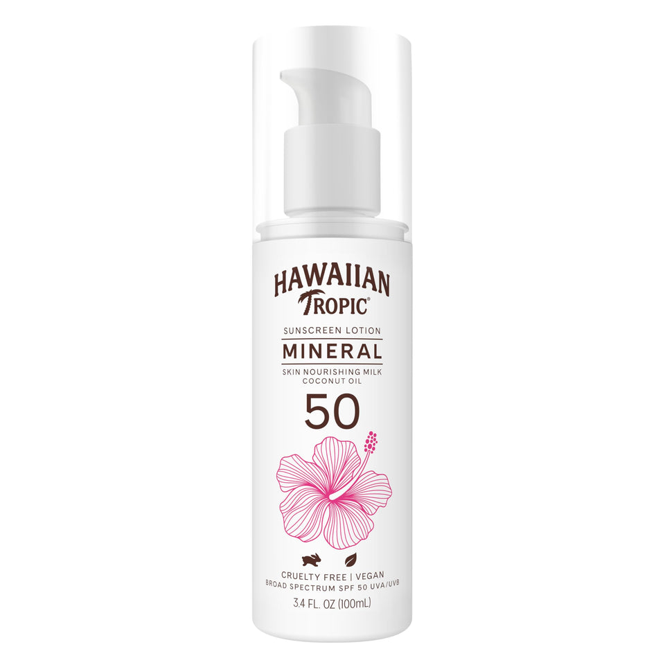 Hawaiian Tropic front packaging showing SPF 50 travel bottle and branding benefits