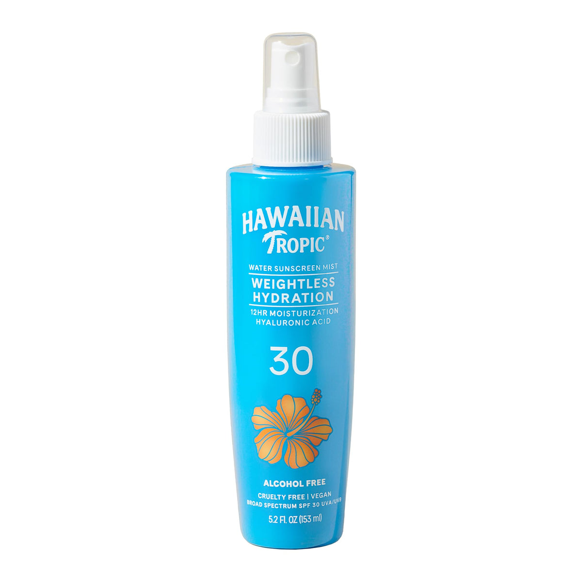 Hawaiian Tropic front packaging showing SPF 30 benefits and hydrating mist
