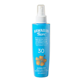 Hawaiian Tropic front packaging showing SPF 30 benefits and hydrating mist