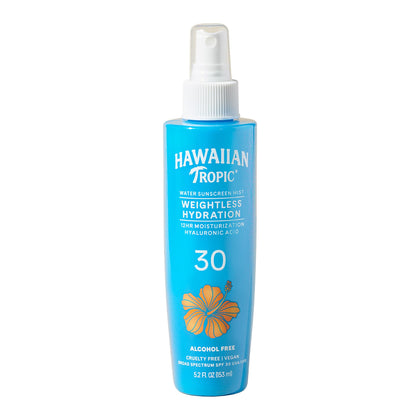 Hawaiian Tropic front packaging showing SPF 30 benefits and hydrating mist