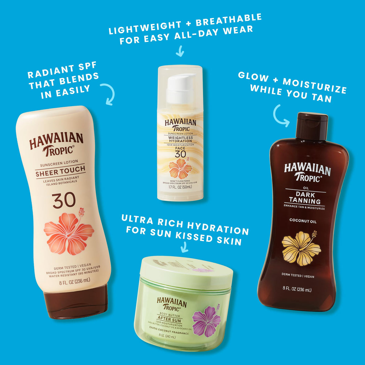 Hawaiian Tropic ingredient label featuring hyaluronic acid and oxybenzone-free