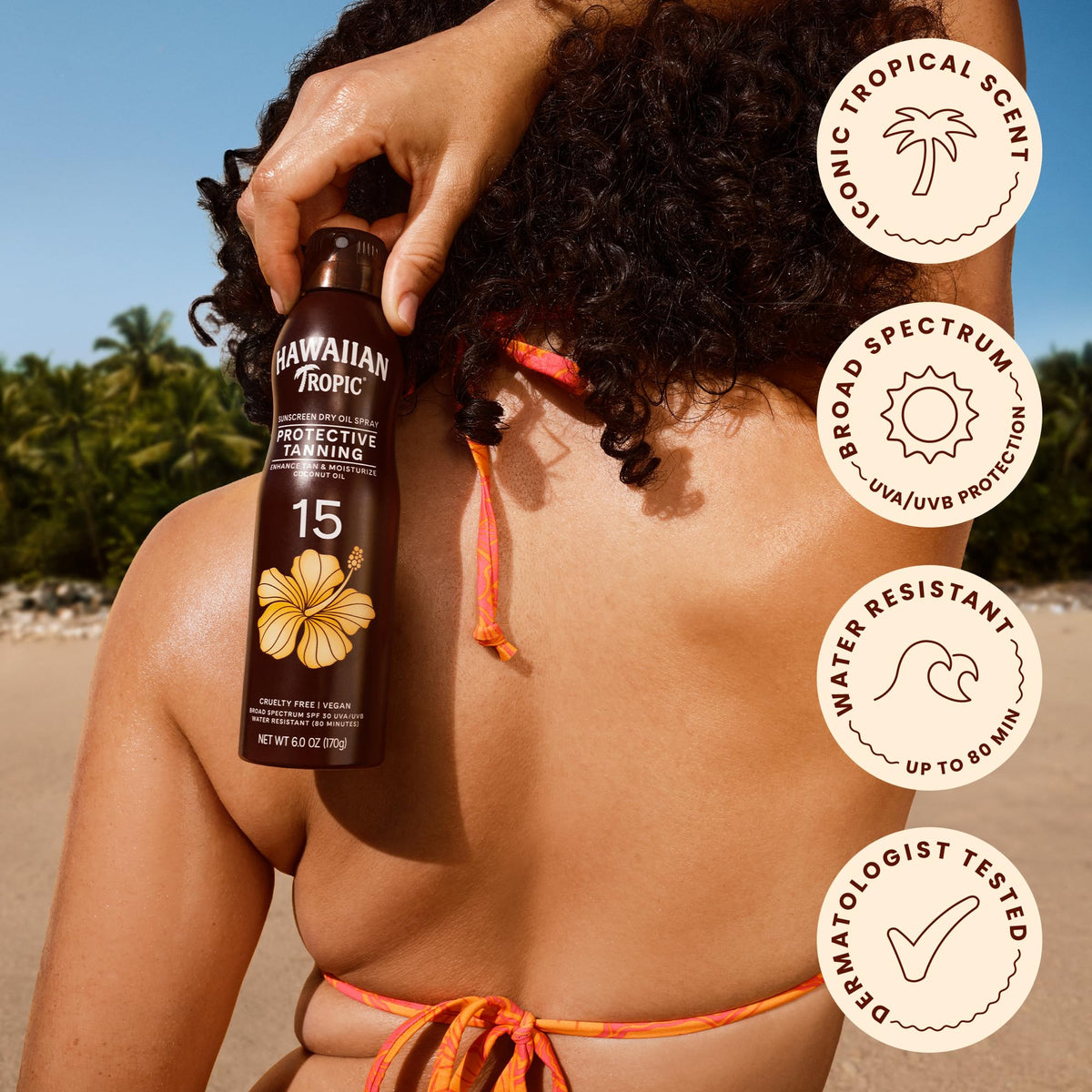 Hawaiian Tropic ingredients label with papaya mango plumeria scent