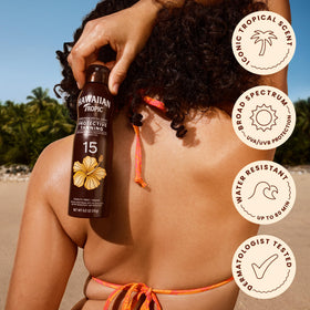 Hawaiian Tropic ingredients label with papaya mango plumeria scent