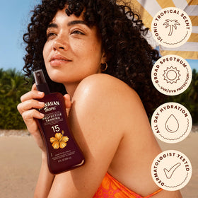 Hawaiian Tropic label and ingredients panel highlighting oxybenzone-free formula