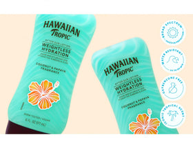 Hawaiian Tropic label and ingredients panel showing aloe hydration details