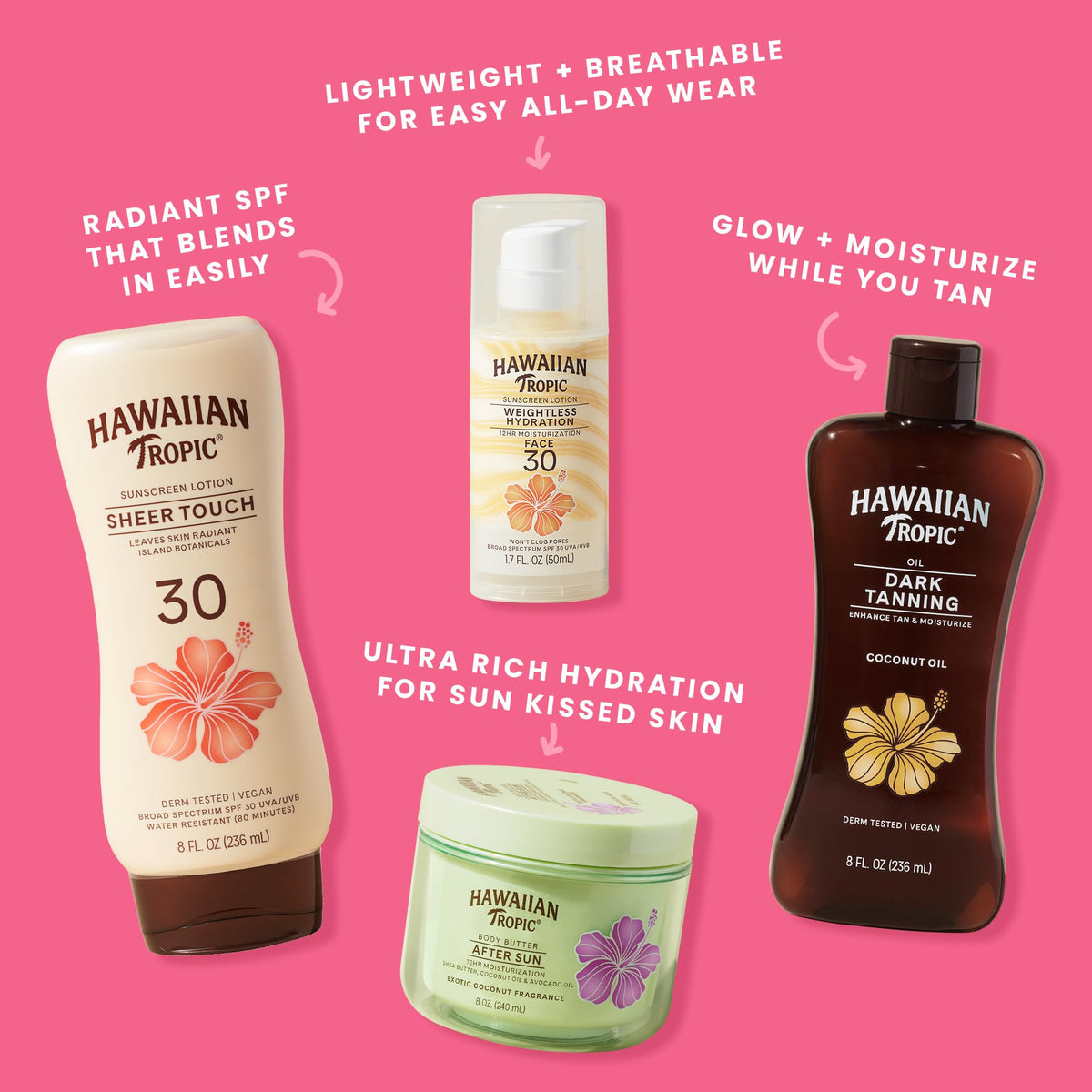 Hawaiian Tropic label and ingredient panel highlighting mineral SPF and oxybenzone-free formula