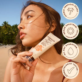 hawaiian tropic label close-up showing SPF 60 and ingredient clarity