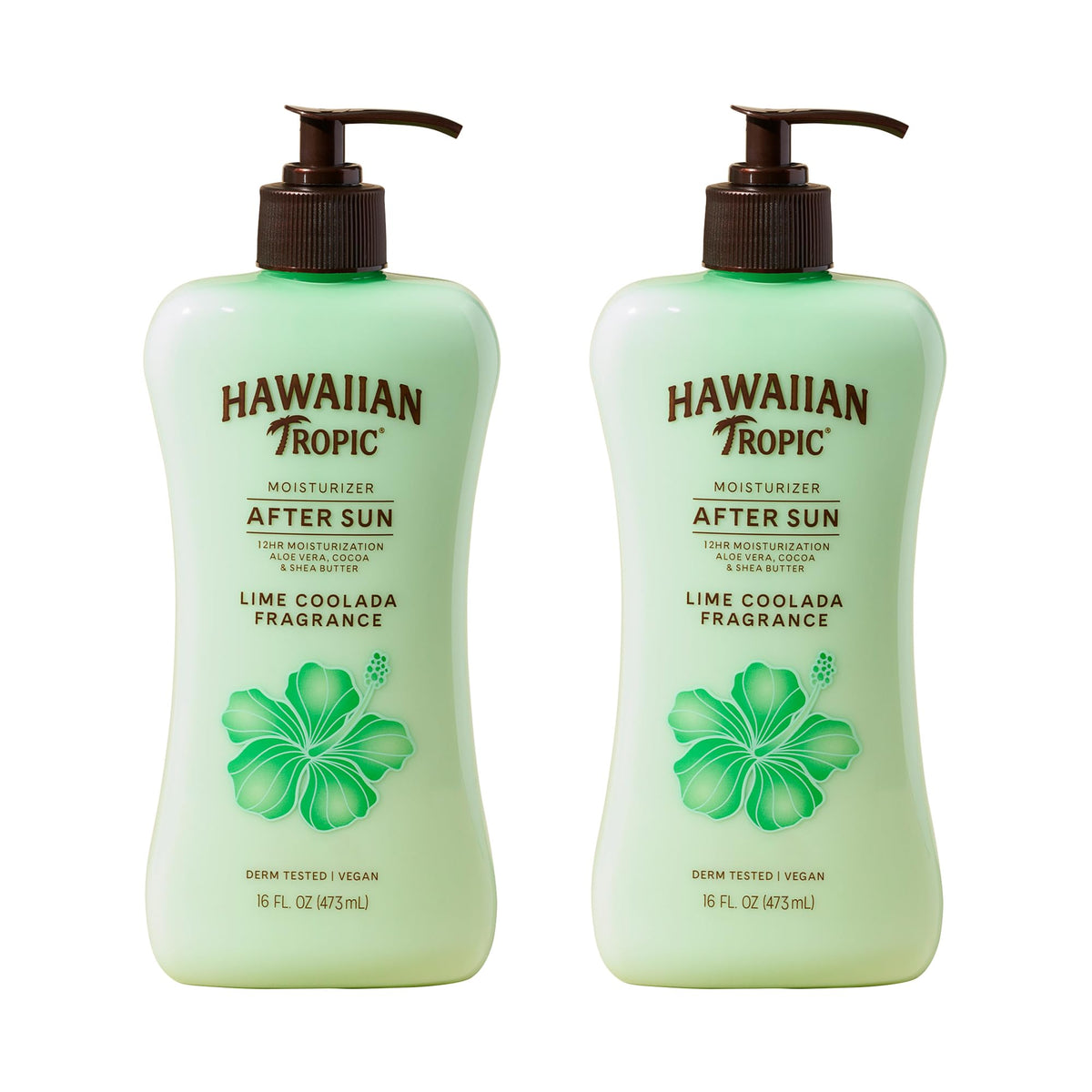 Hawaiian Tropic front packaging showing twin 16 fl oz bottles and vibrant label