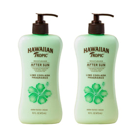 Hawaiian Tropic front packaging showing twin 16 fl oz bottles and vibrant label