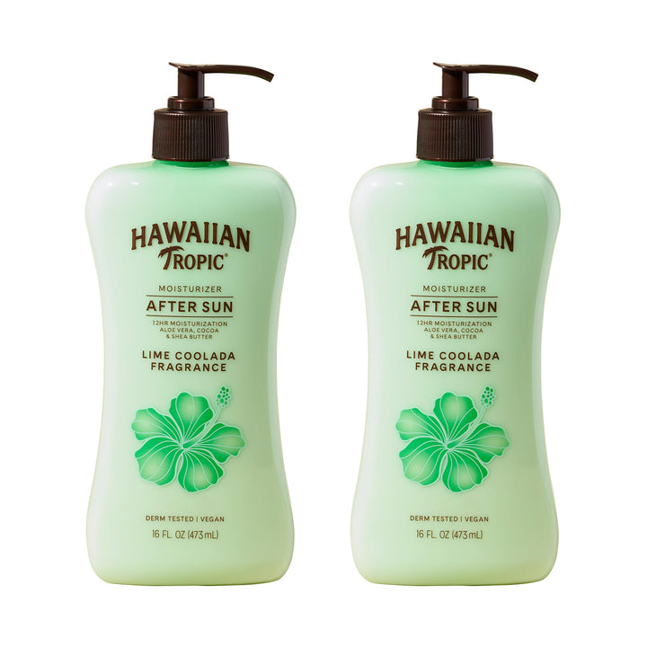 Hawaiian Tropic front packaging showing twin 16 fl oz bottles and vibrant label
