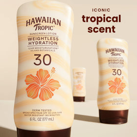 Hawaiian Tropic close-up pump and lotion texture showing fast absorption benefit
