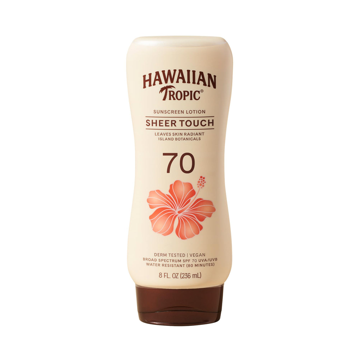 Hawaiian Tropic front packaging showing SPF 70 protection and radiant finish