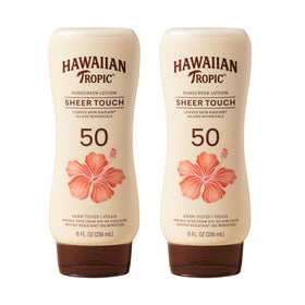 Hawaiian Tropic front packaging showing SPF 50 and twin pack benefit