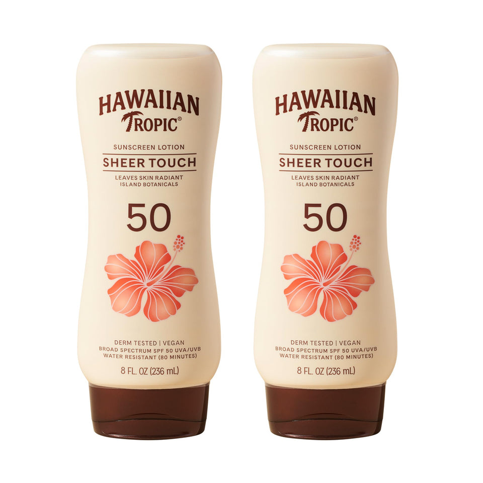 Hawaiian Tropic front packaging showing SPF 50 and twin pack benefit