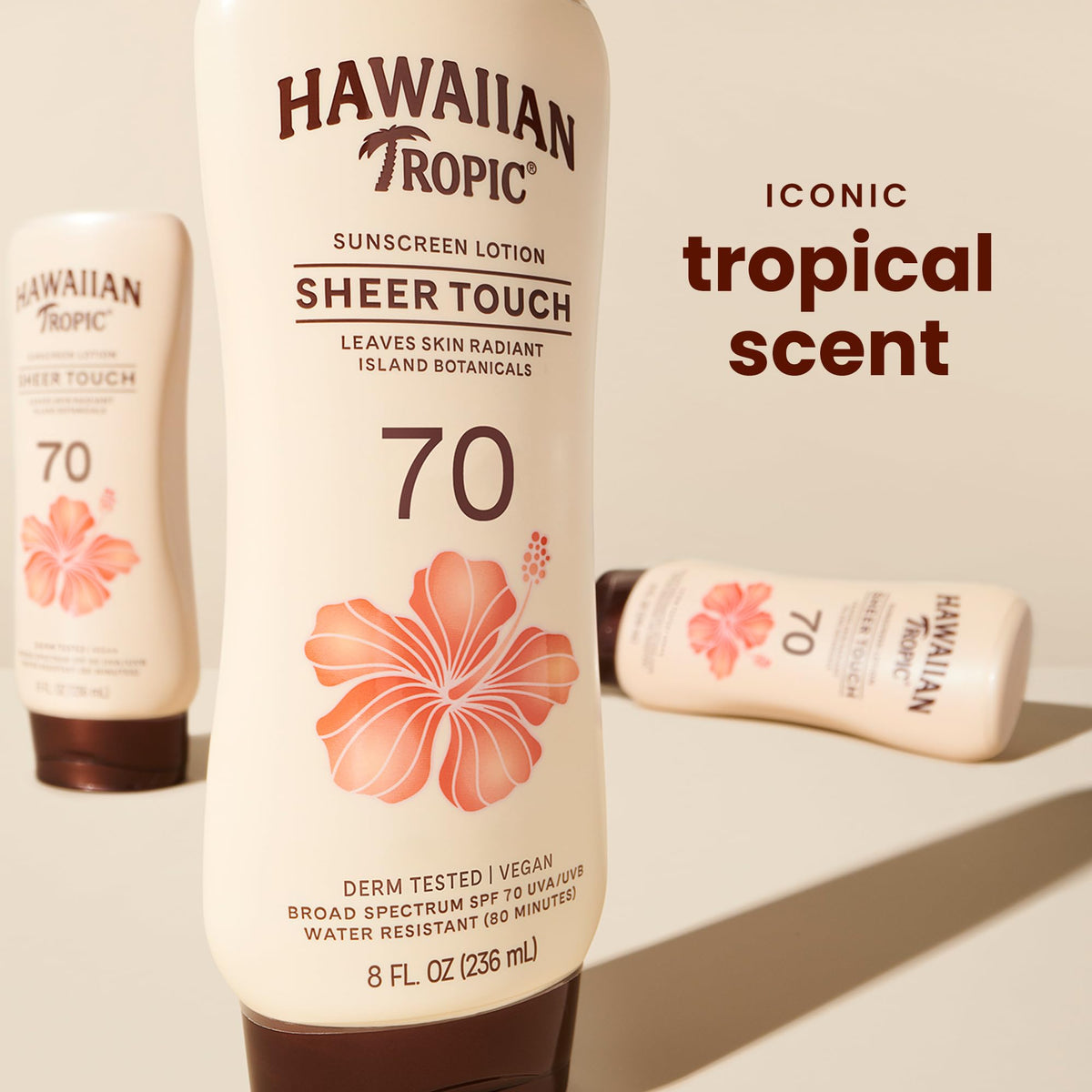 Hawaiian Tropic bottle open-cap detail demonstrating easy dispensing benefit