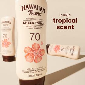 Hawaiian Tropic bottle open-cap detail demonstrating easy dispensing benefit