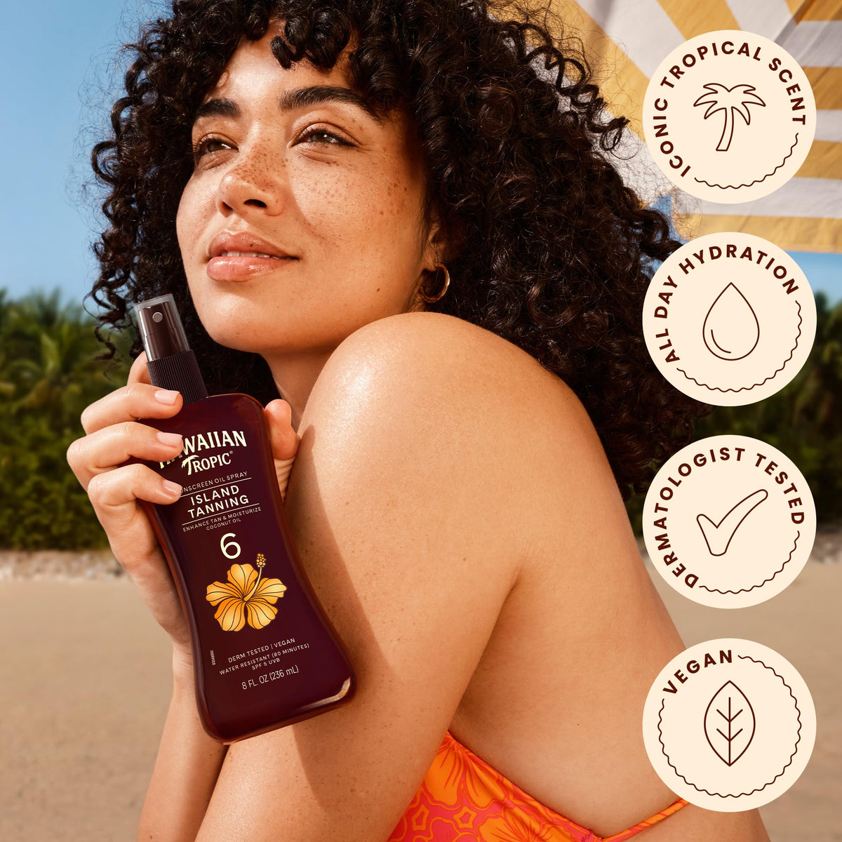 Hawaiian Tropic 8 oz bottle next to common items for clear size comparison and portability benefit