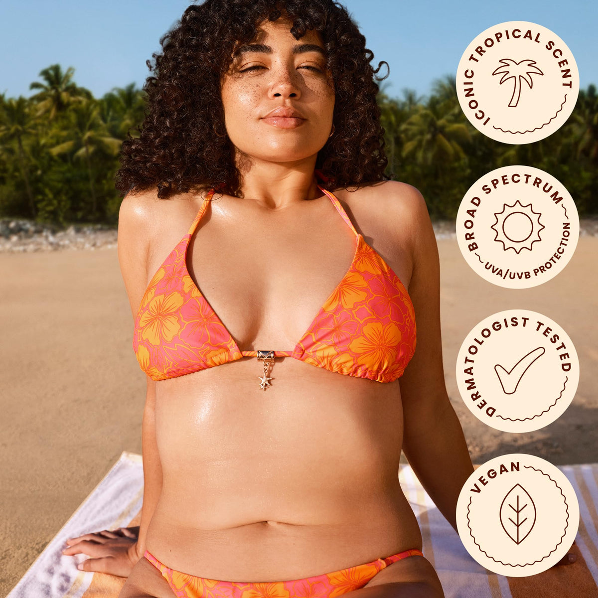 Hawaiian Tropic next to travel essentials showing convenient 5.2 fl oz size