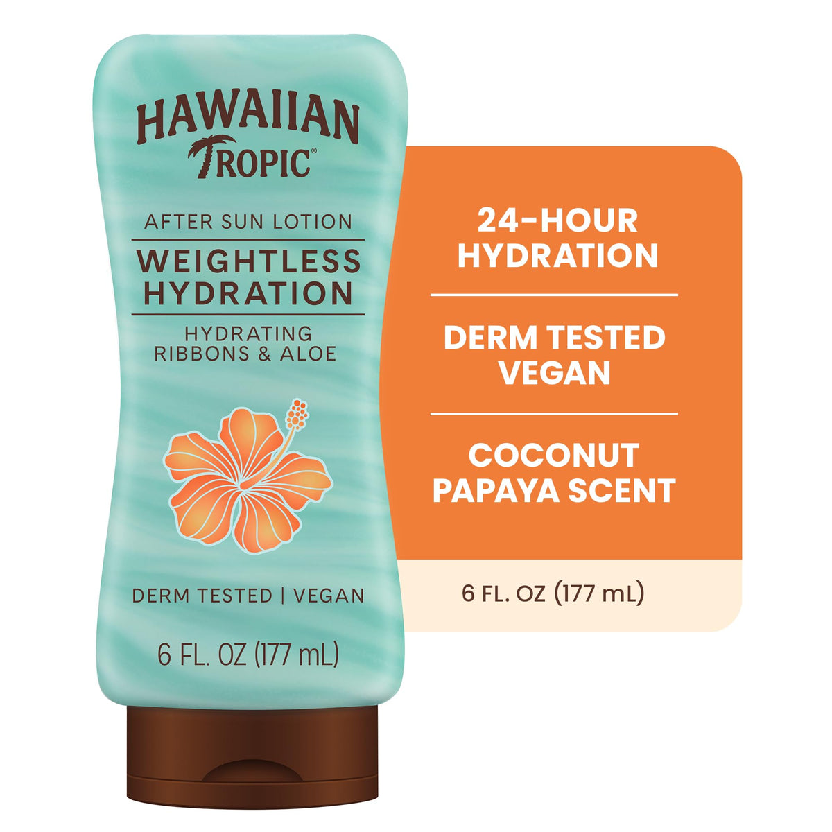 Hawaiian Tropic next to hand to show 6 fl oz size and travel-friendly benefit